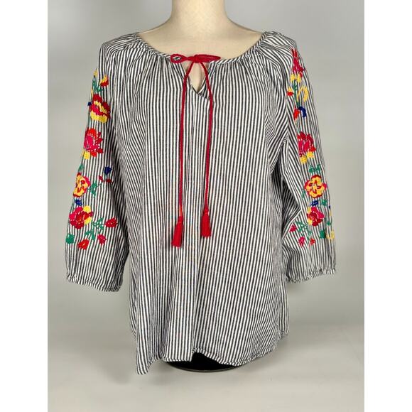 Westport Boho Peasant Top Embroidered Shirt Smocked MEDIUM Boho Linen Cotton - Picture 1 of 7